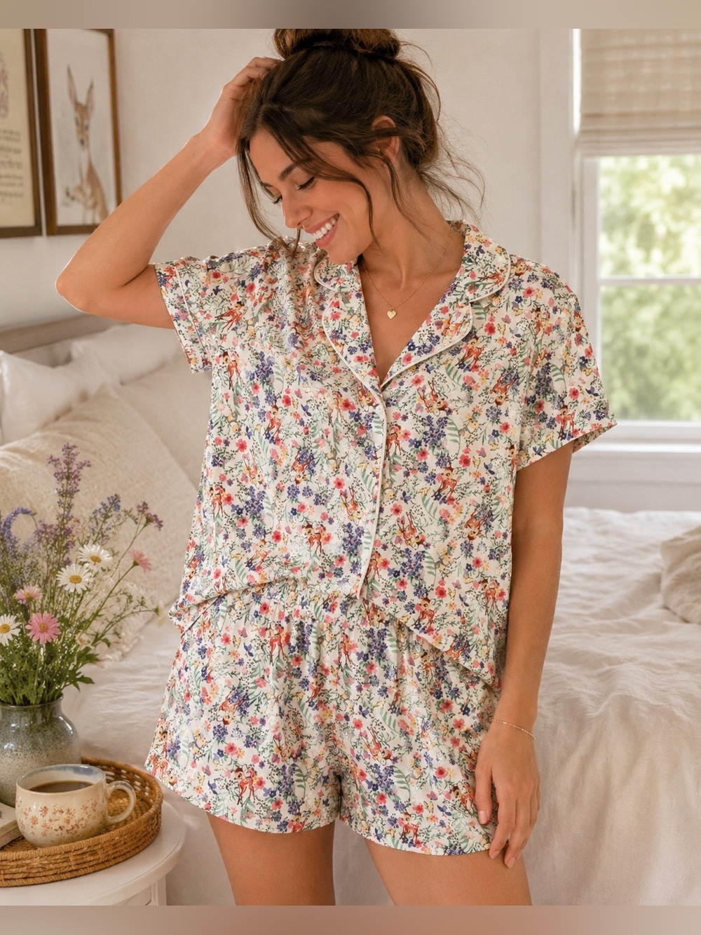 Disney Bambi Thumper Floral Button Up Shorts 2 Pc Pajama Set—Medium